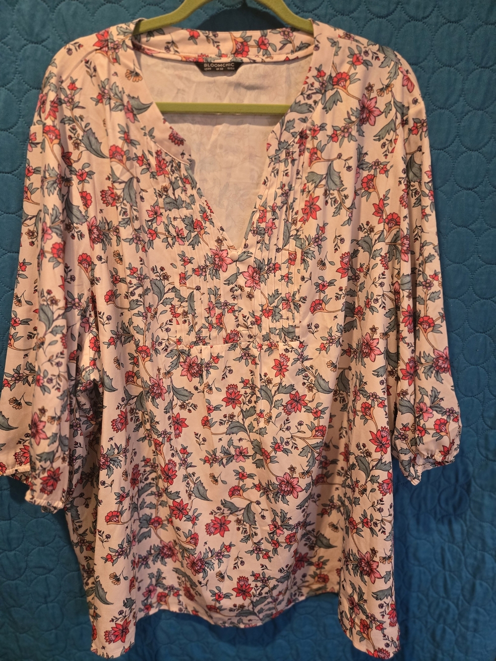 BloomChic Cream Floral V-Neck Peasant Blouse with Pink & Blue Flowers
